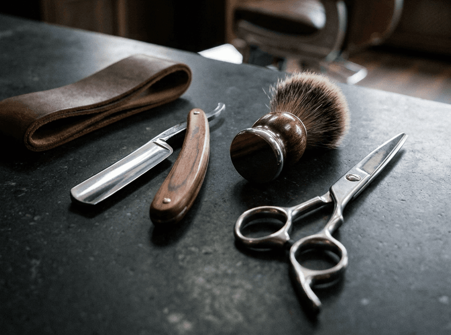 Straight razor, shaving brush, and scissors on a barber's countertop